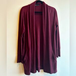 Gibson Long Line Cardigan Maroon Purple Pockets Ribbed Collar Sz M Minimalist